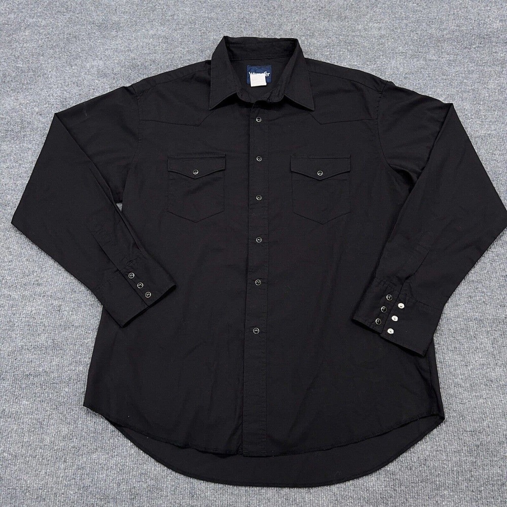 Wrangler Shirt Mens L Black Vintage Black Pearl Snap Western Long Sleeve VTG